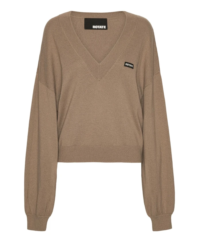 Вязаный свитер с V-образным вырезом и аппликацией в виде логотипа. Rotate Birger Christensen, коричневый
Вязаный свитер с V-образным вырезом и аппликацией в виде логотипа. Rotate Birger Christensen, коричневый