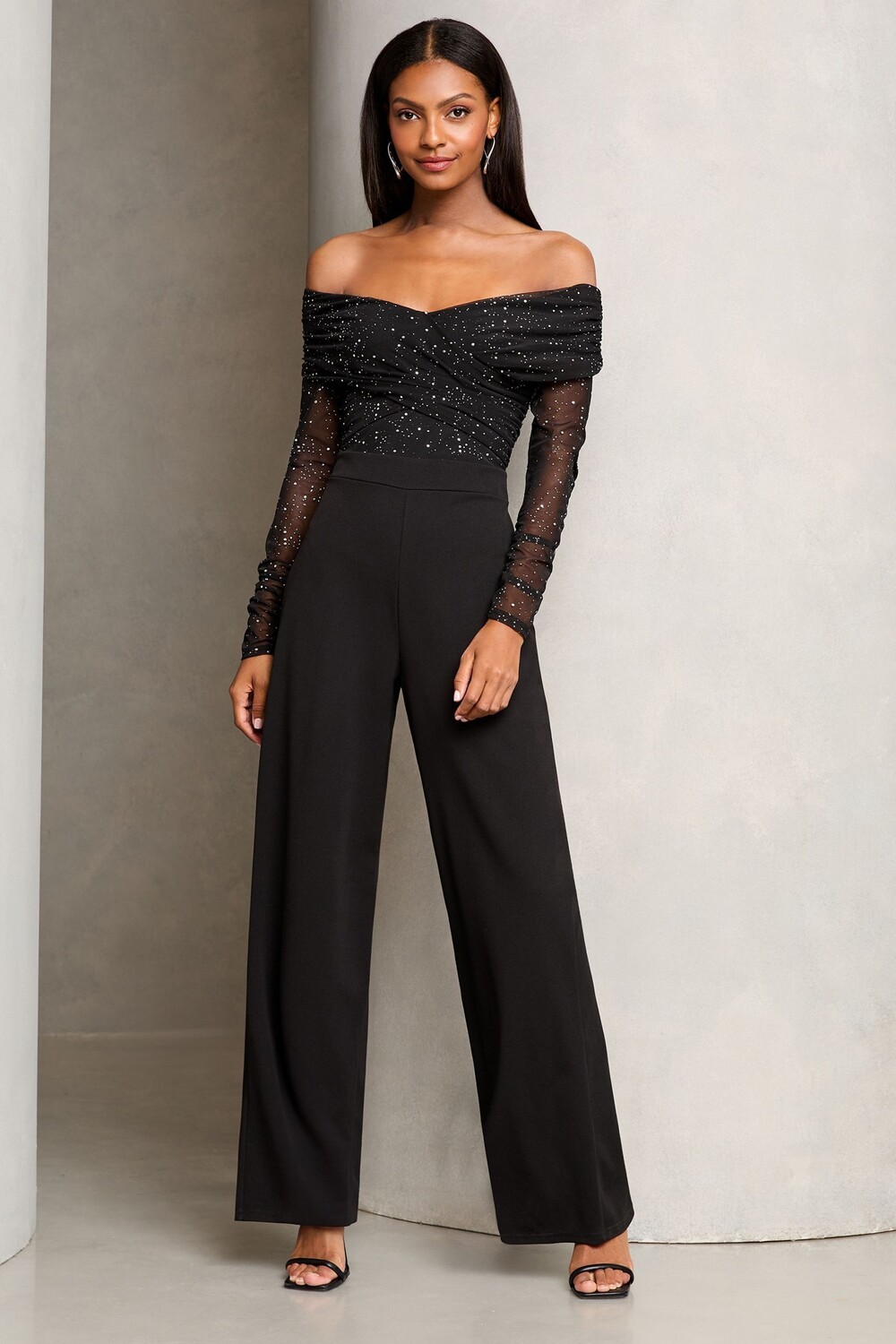 Комбинезон Bardot с блестящей сеткой Lipsy, черный
Комбинезон Bardot с блестящей сеткой Lipsy, черный