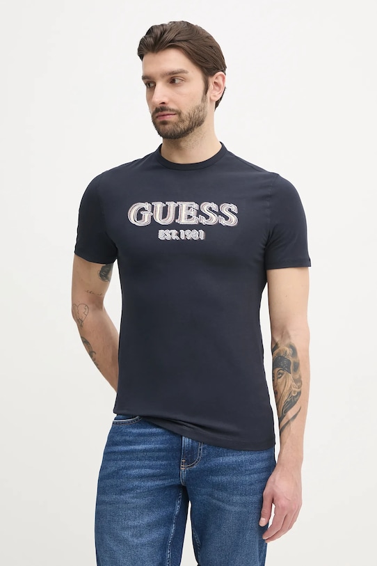 Хлопковая футболка Guess, темно-синий 
Хлопковая футболка Guess, темно-синий