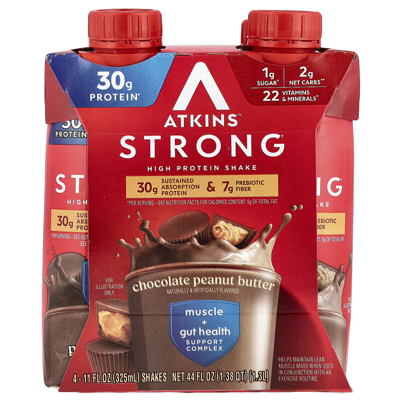 Atkins, Strong, высокопротеиновый коктейль, шоколадно-арахисовая паста, 4 коктейля, 325 мл (11 жидк. унц.)
Atkins, Strong, высокопротеиновый коктейль, шоколадно-арахисовая паста, 4 коктейля, 325 мл (11 жидк. унц.)