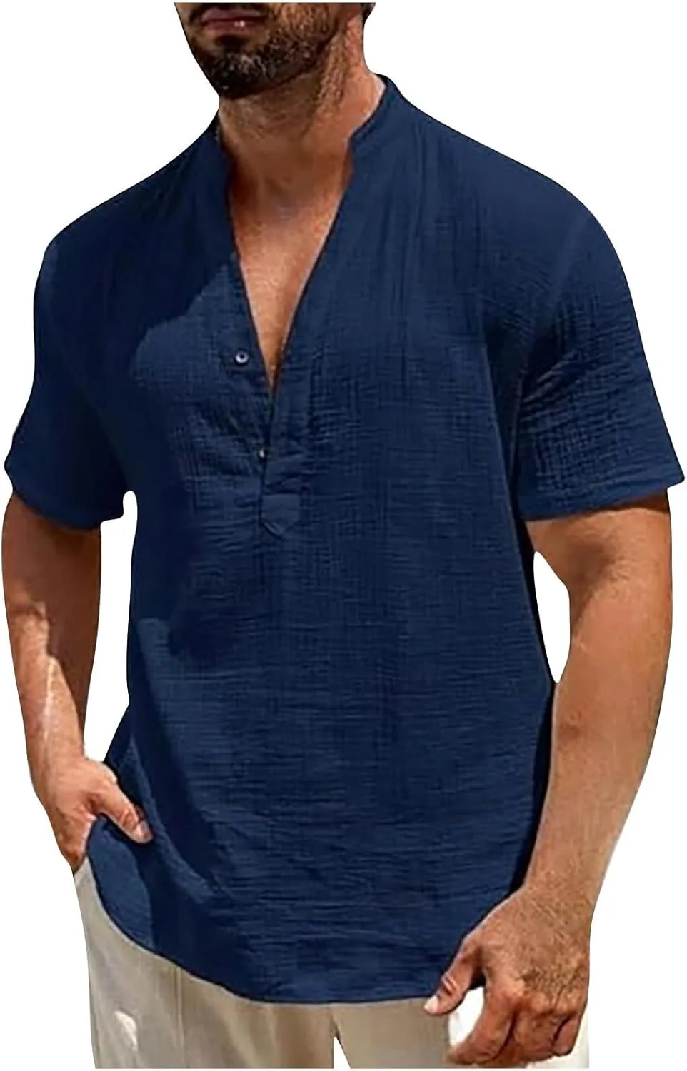 Мужская льняная рубашка хенли с коротким рукавом
Мужская льняная рубашка хенли с коротким рукавом