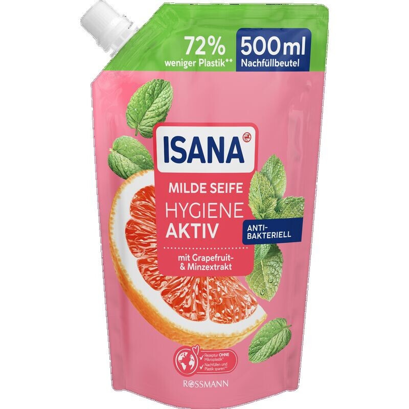 Гигиенический активный сменный пакет с мягким мылом ISANA, 500 ml
Гигиенический активный сменный пакет с мягким мылом ISANA, 500 ml