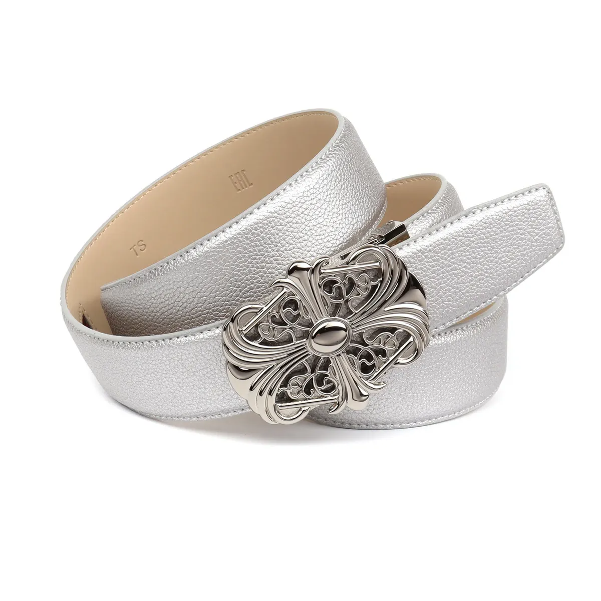 Ремень Anthoni Crown кожаный, серебристого цвета с подкладкой, декоративная застежка, серебристый