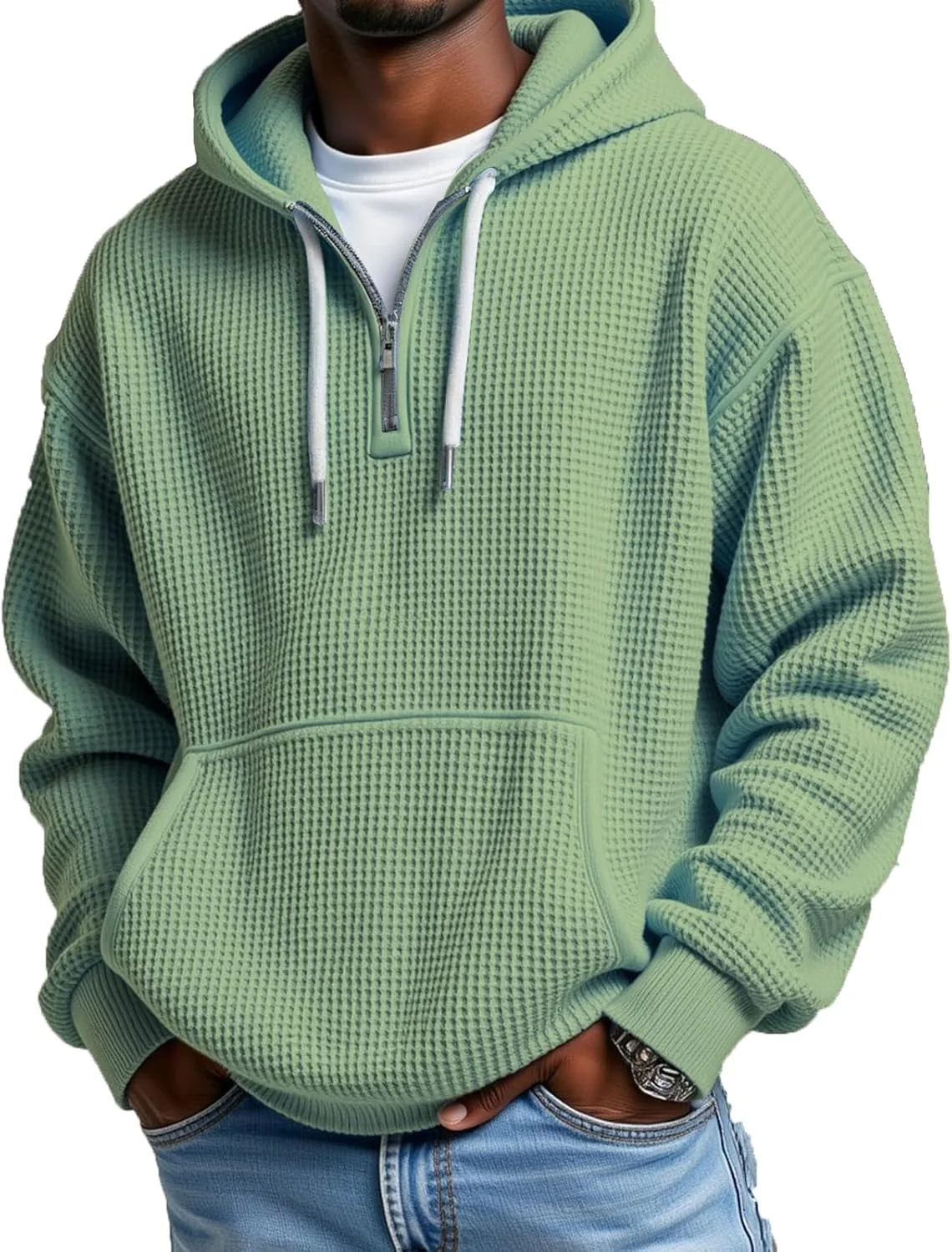 Мужская толстовка с капюшоном 1/4 молнии, вафельная, с карманами FONMA
Мужская толстовка с капюшоном 1/4 молнии, вафельная, с карманами FONMA