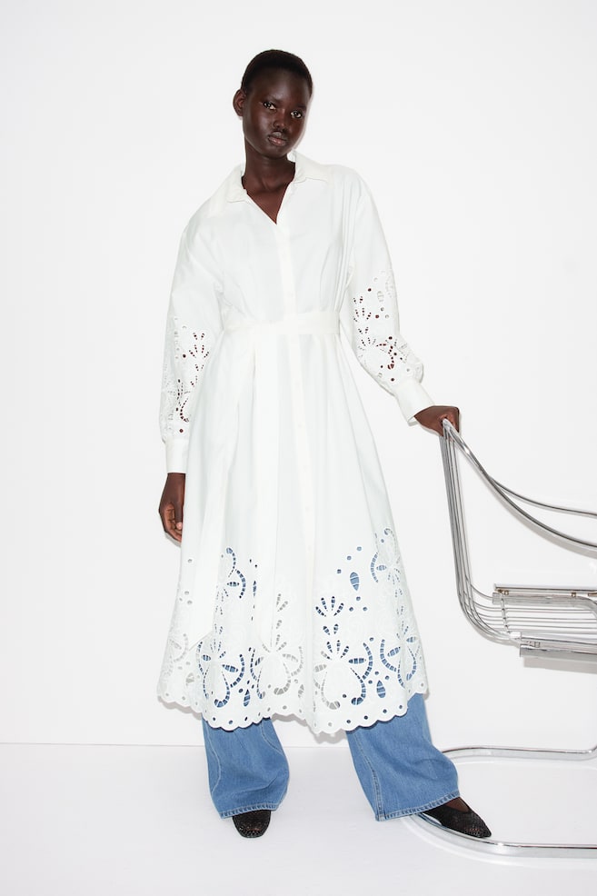 Платье-Блузка с английской вышивкой H&M, белый 
Платье-Блузка с английской вышивкой H&M, белый