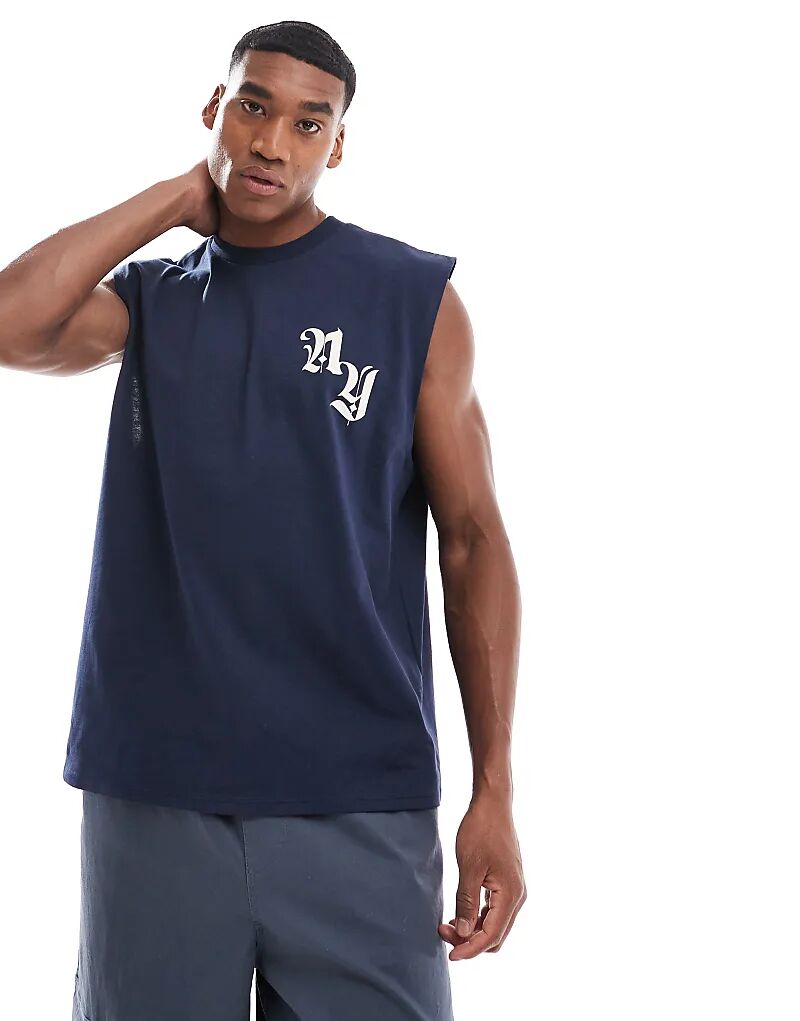 Майка свободного кроя ASOS DESIGN темно-синего цвета с принтом спереди 
Майка свободного кроя ASOS DESIGN темно-синего цвета с принтом спереди