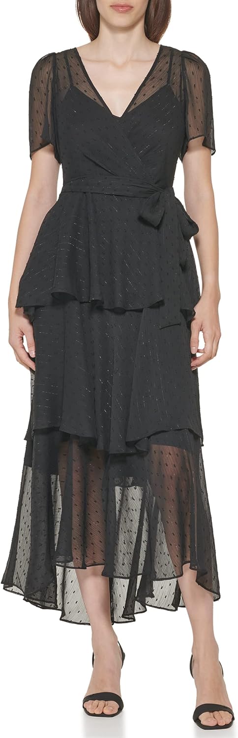 Женское шифоновое платье Calvin Klein Maxi с V-образным вырезом и оборками на юбке, Black And Silver
Женское шифоновое платье Calvin Klein Maxi с V-образным вырезом и оборками на юбке, Black And Silver