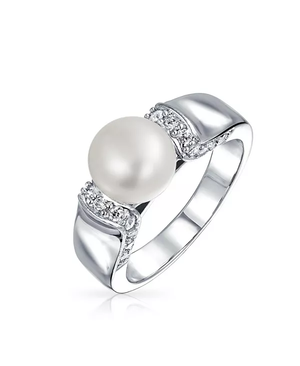 Кольцо-Обещание в стиле ар-деко с белым пресноводным культивированным жемчугом, паве из фианита, посеребренная латунь Bling Jewelry, grey