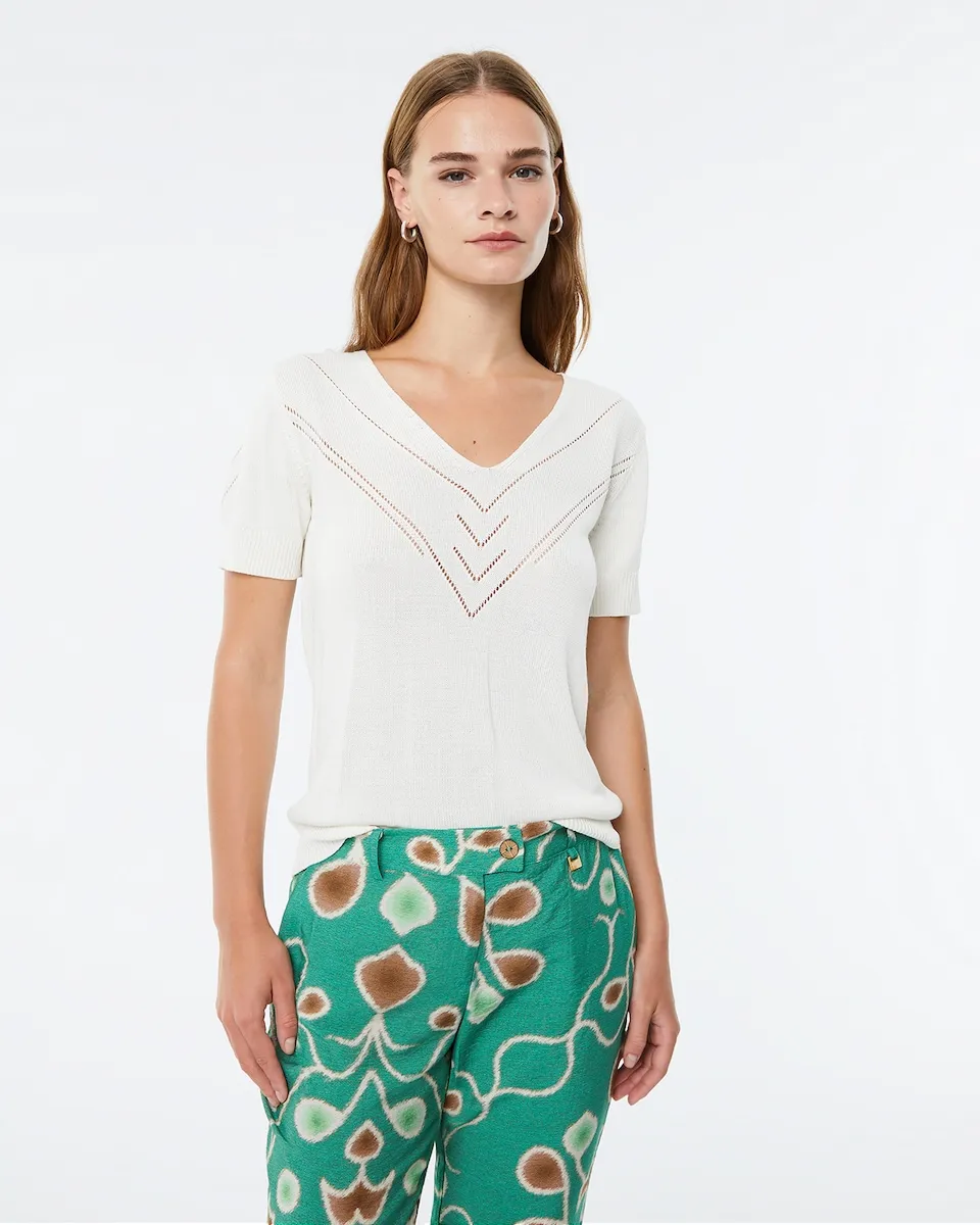 Женский свитер с короткими рукавами и V-образным вырезом с ажурным узором Paz Torras, белый
Женский свитер с короткими рукавами и V-образным вырезом с ажурным узором Paz Torras, белый