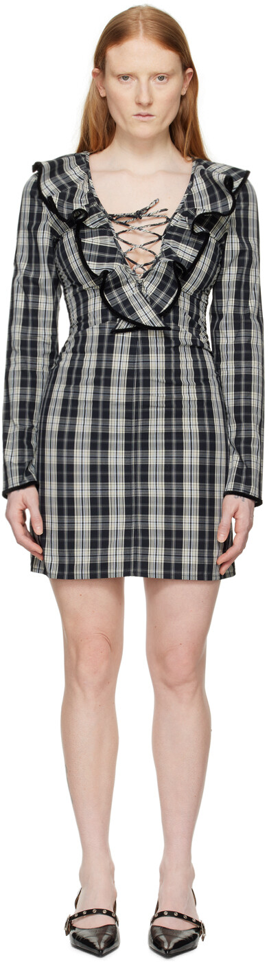 Черное мини-платье с рюшами Ganni, Черный, Черное мини-платье с рюшами Ganni