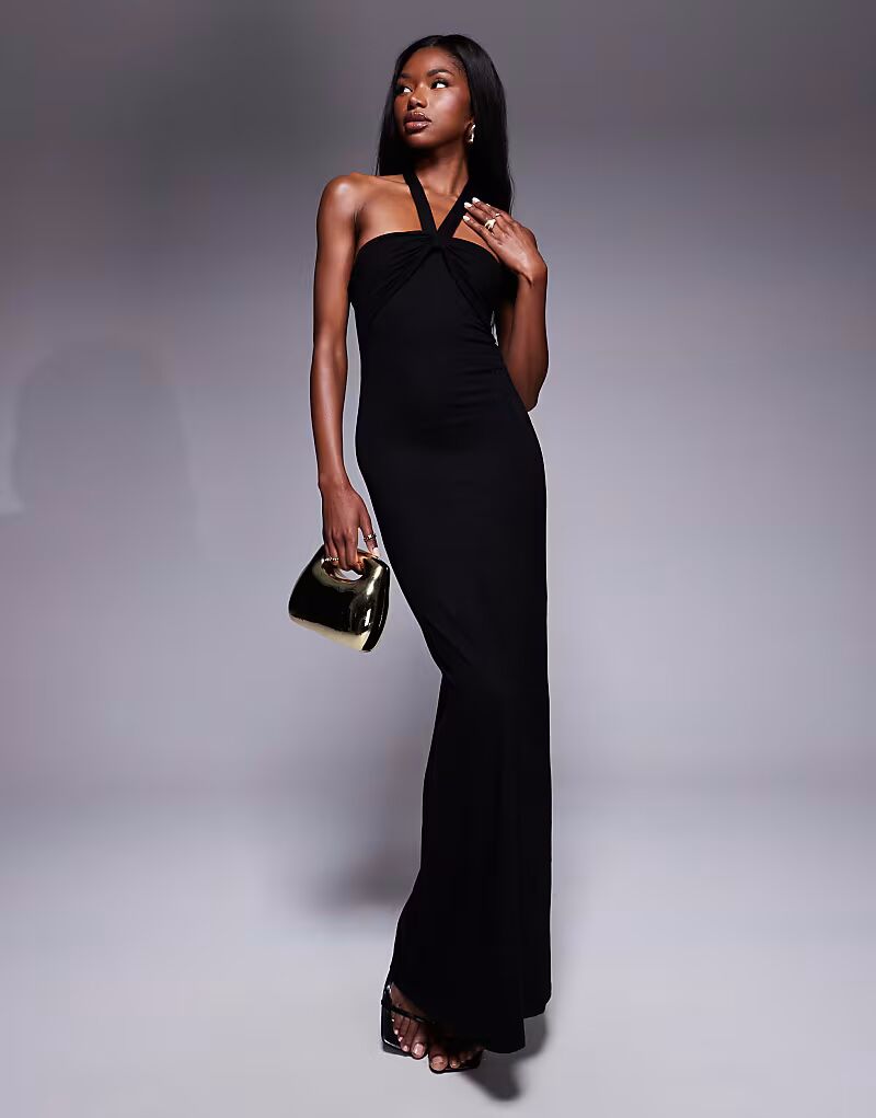 Платье макси ASOS DESIGN с завязками на шее и мягкими линиями черного цвета 
Платье макси ASOS DESIGN с завязками на шее и мягкими линиями черного цвета