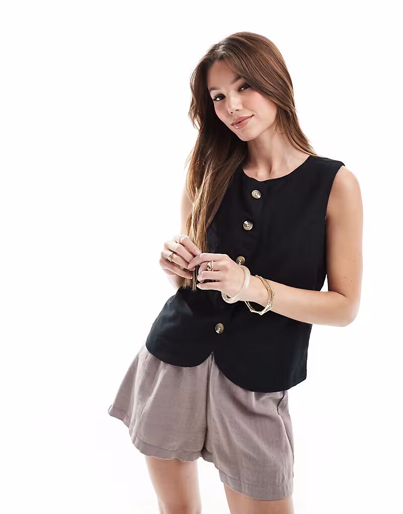 Жилет из потертого льна с высоким воротом и застежкой на пуговицы черного цвета Threadbare
Жилет из потертого льна с высоким воротом и застежкой на пуговицы черного цвета Threadbare