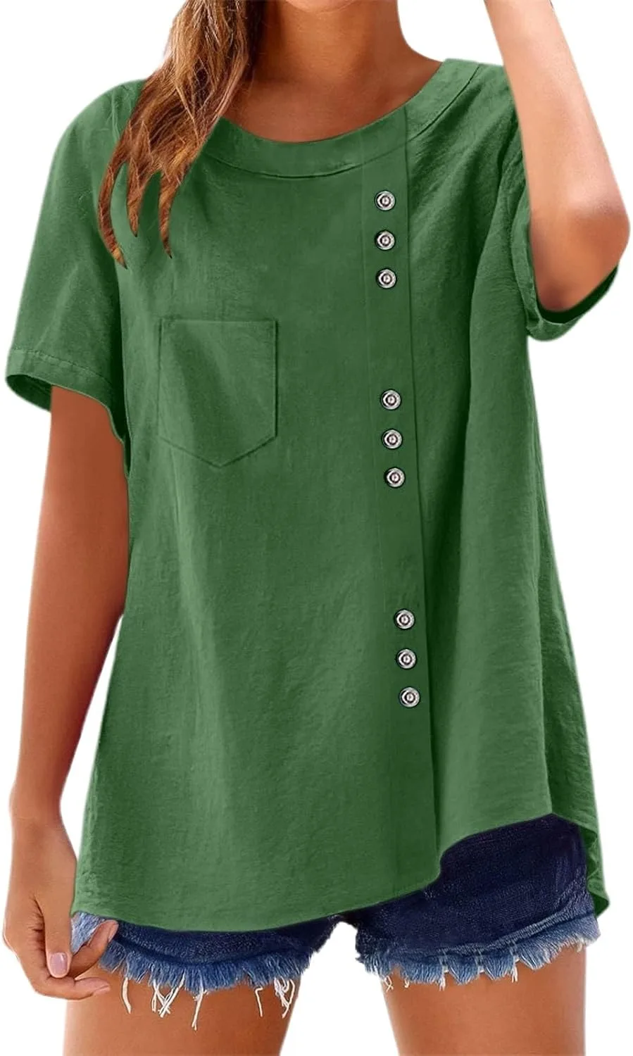 Летняя футболка для женщин 2025, модная, с круглым вырезом, однотонная, для повседневной носки с джинсами или брюками
Летняя футболка для женщин 2025, модная, с круглым вырезом, однотонная, для повседневной носки с джинсами или брюками