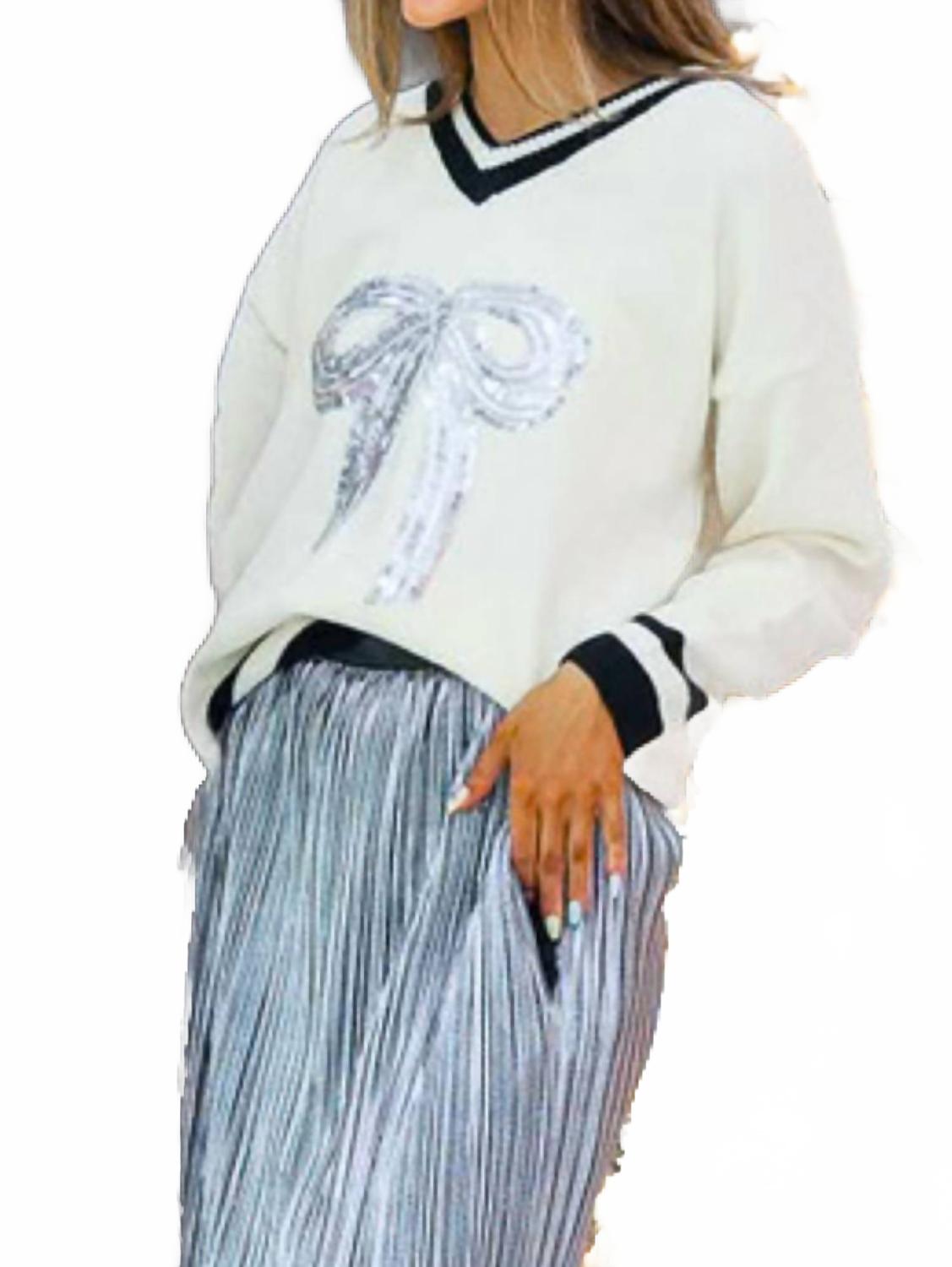 Серебристый свитер с пайетками и бантом в кремовой полоске Grace + Emma
Серебристый свитер с пайетками и бантом в кремовой полоске Grace + Emma