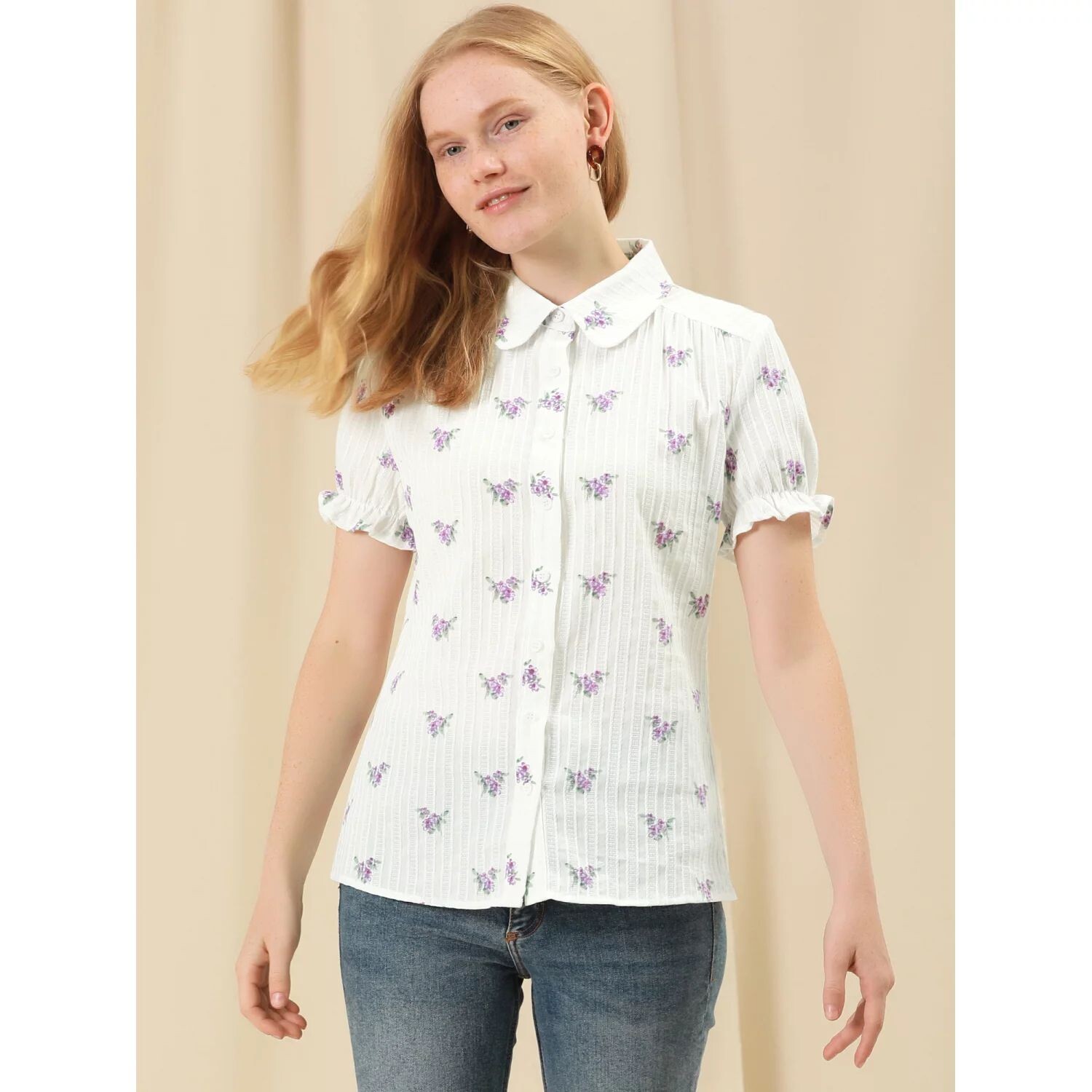 Женская хлопковая рубашка с короткими рукавами и воротником Питера Пэна с цветочным принтом ALLEGRA K, белый
Женская хлопковая рубашка с короткими рукавами и воротником Питера Пэна с цветочным принтом ALLEGRA K, белый