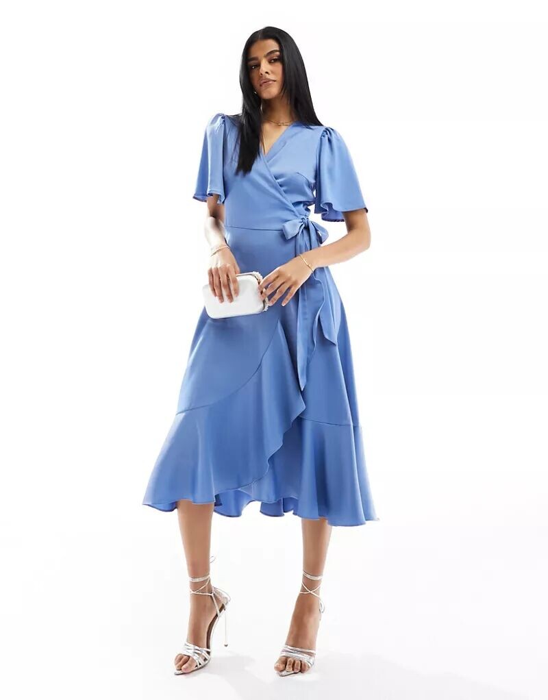 Синее атласное платье миди с запахом Y.A.S для подружки невесты 
Синее атласное платье миди с запахом Y.A.S для подружки невесты