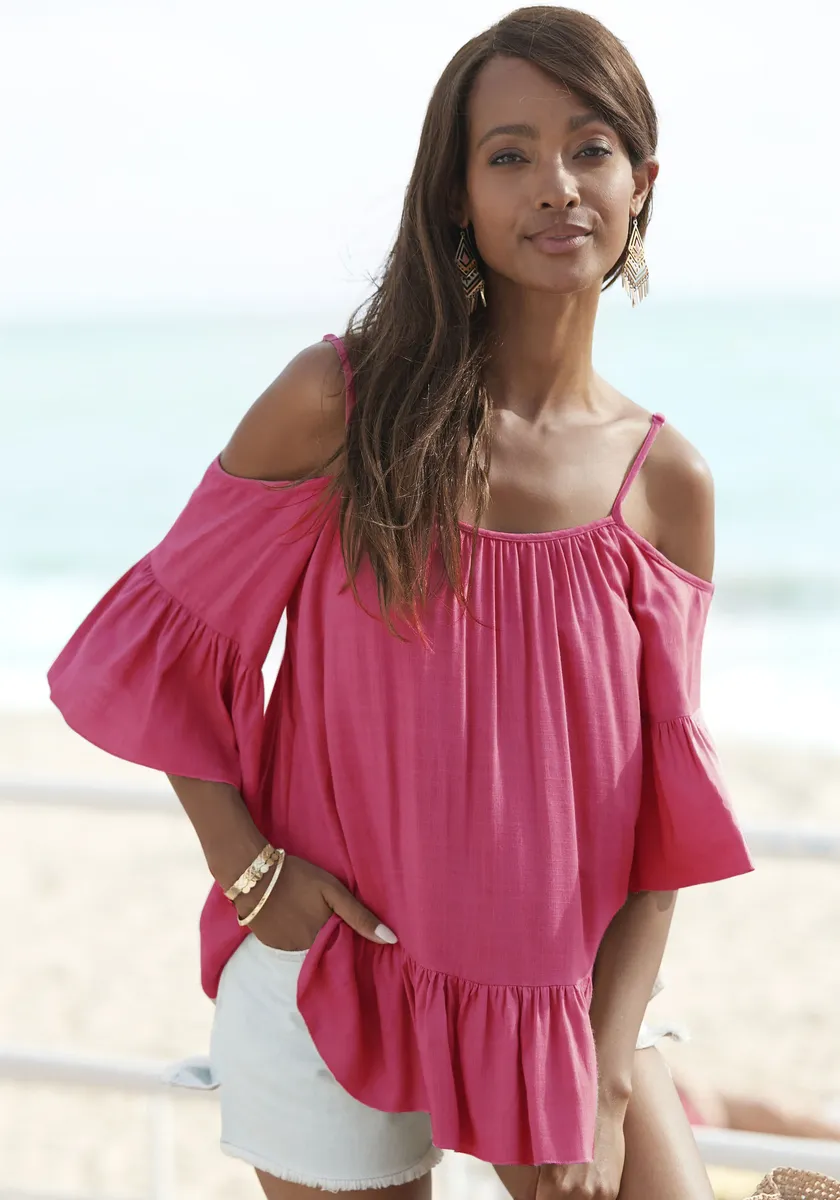 Блузка-слип "Баффало" из вискозного плетения, женская блузка с воланами, блузка с короткими рукавами Buffalo, розовый 
Блузка-слип "Баффало" из вискозного плетения, женская блузка с воланами, блузка с короткими рукавами Buffalo, розовый