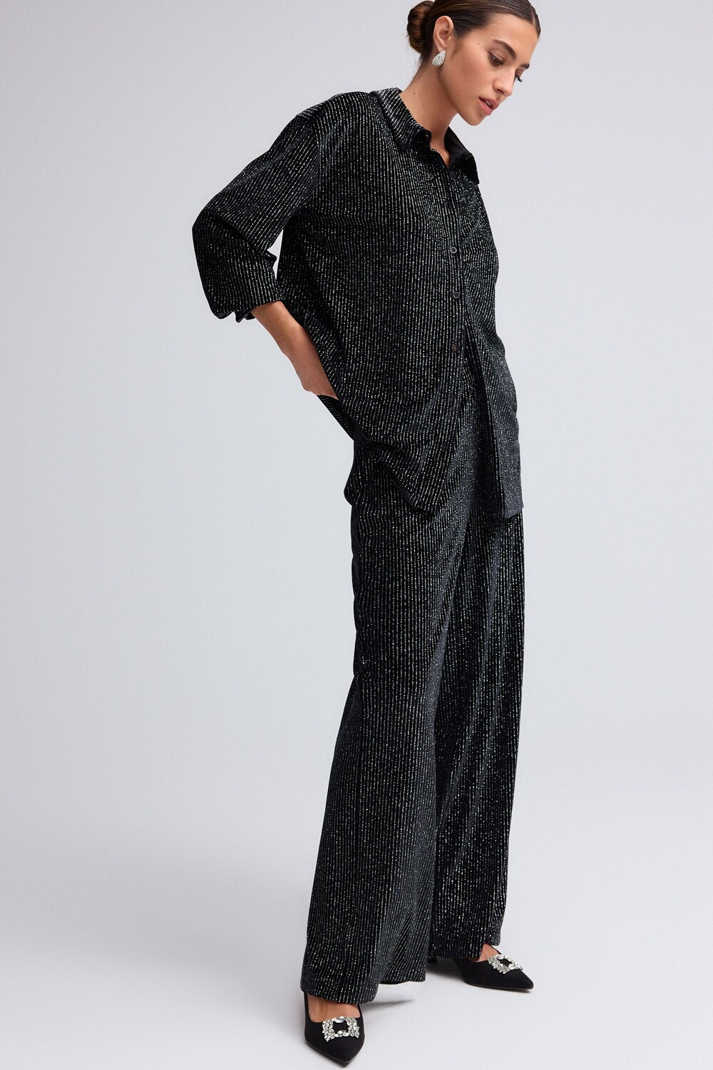 Брюки из джерси в блестящую полоску Next, черный 
Брюки из джерси в блестящую полоску Next, черный