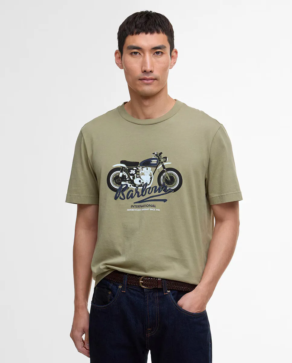 Мужская футболка с коротким рукавом и мотоциклетной графикой на груди Barbour International, темно-зеленый
Мужская футболка с коротким рукавом и мотоциклетной графикой на груди Barbour International, темно-зеленый