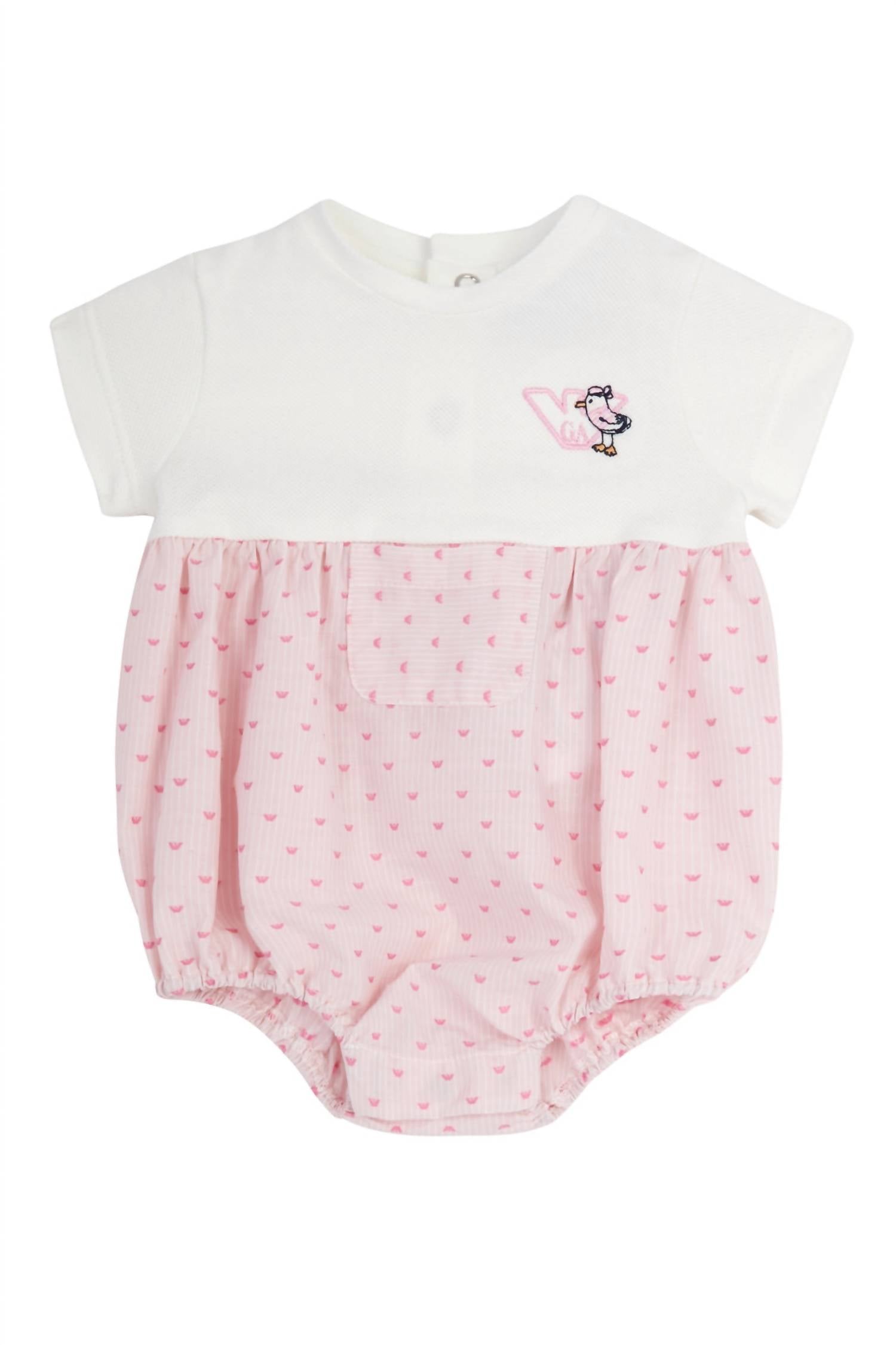 Детская полосатая футболка с орлом и короткими рукавами из двух материалов в бело-розовом цвете Armani
Детская полосатая футболка с орлом и короткими рукавами из двух материалов в бело-розовом цвете Armani