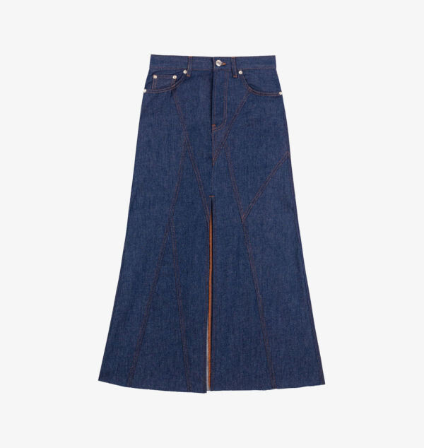 Длинная джинсовая юбка с геометрическими панелями и контрастной строчкой Maje, синий 
Длинная джинсовая юбка с геометрическими панелями и контрастной строчкой Maje, синий