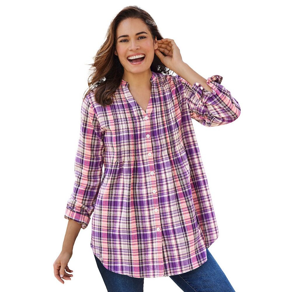 Женщина в женской фланелевой рубашке больших размеров с защипами Woman Within, цвет Sweet Plum Plaid 
Женщина в женской фланелевой рубашке больших размеров с защипами Woman Within, цвет Sweet Plum Plaid