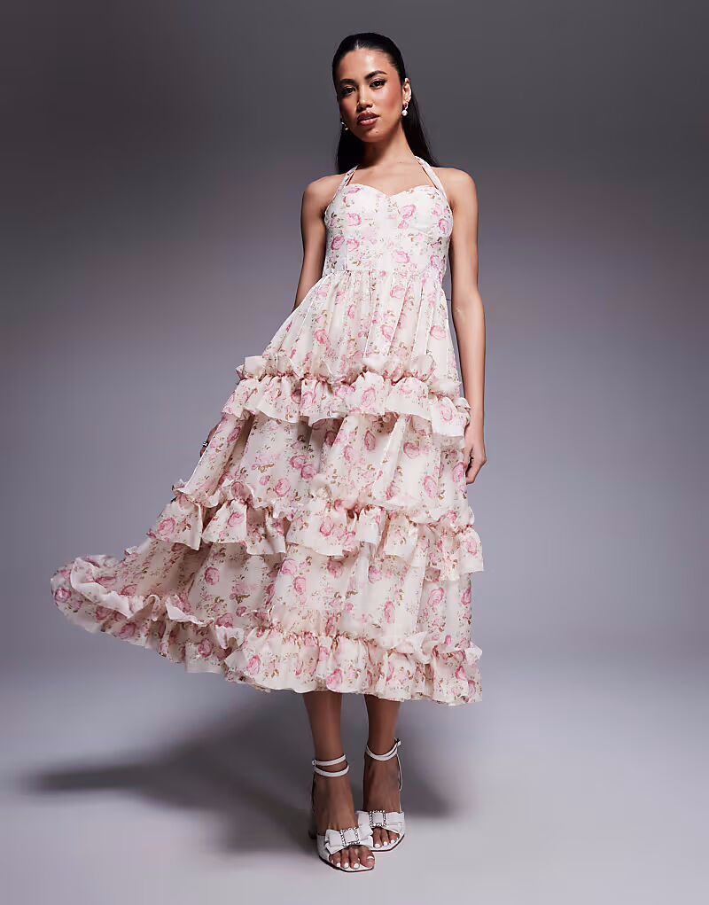 Платье миди ASOS LUXE из жаккарда с бретельками через шею и оборками, с цветочным принтом
Платье миди ASOS LUXE из жаккарда с бретельками через шею и оборками, с цветочным принтом