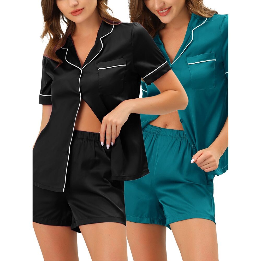 Женские пижамы с короткими рукавами, топы на пуговицах, шорты, атласные комплекты Cheibear, цвет Black Peacock Green
Женские пижамы с короткими рукавами, топы на пуговицах, шорты, атласные комплекты Cheibear, цвет Black Peacock Green