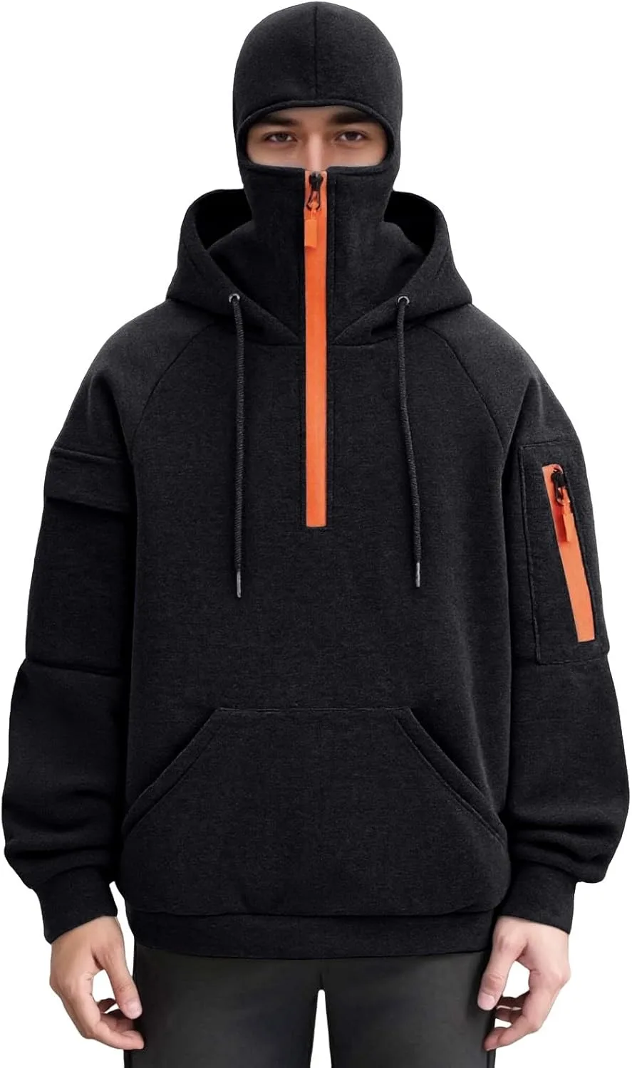 Мужской балаклава худи с четвертью молнии и встроенной маской
Мужской балаклава худи с четвертью молнии и встроенной маской