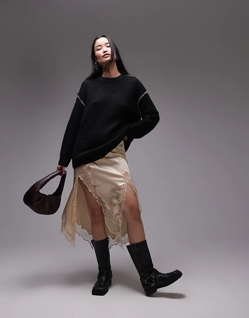 Вязаный объемный джемпер с открытым контрастным швом в моно Topshop 
Вязаный объемный джемпер с открытым контрастным швом в моно Topshop