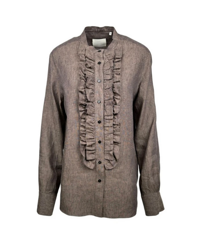 Коричневая льняная рубашка прямого кроя с воротником-стойкой. Xacus, коричневый
Коричневая льняная рубашка прямого кроя с воротником-стойкой. Xacus, коричневый