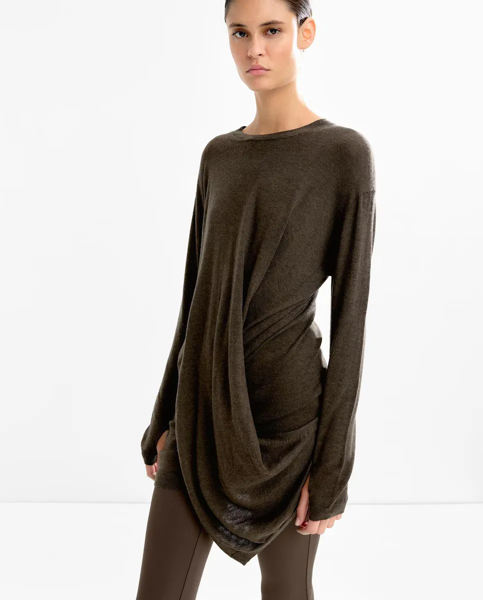 Короткое трикотажное платье с рюшами по бокам Parfois, темно-коричневый