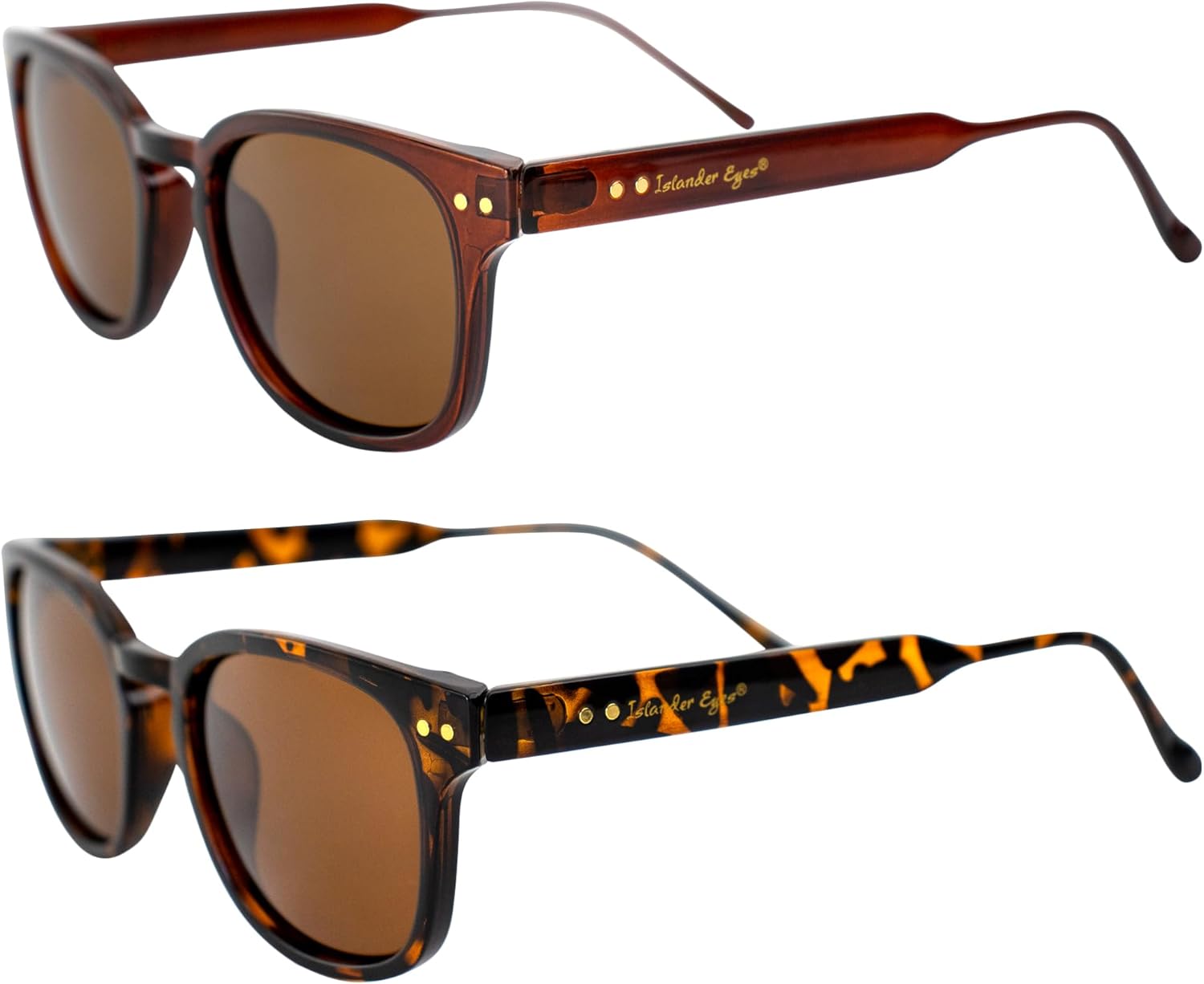 Поляризованные солнцезащитные очки Guam для мужчин и женщин, 2 пары, оправа коричневого и светло-черепахового цвета с двойными металлическими заклепками и коричневыми линзами Islander Eyes, Brown/Tortoise-brown
Поляризованные солнцезащитные очки Guam для мужчин и женщин, 2 пары, оправа коричневого и светло-черепахового цвета с двойными металлическими заклепками и коричневыми линзами Islander Eyes, Brown/Tortoise-brown
