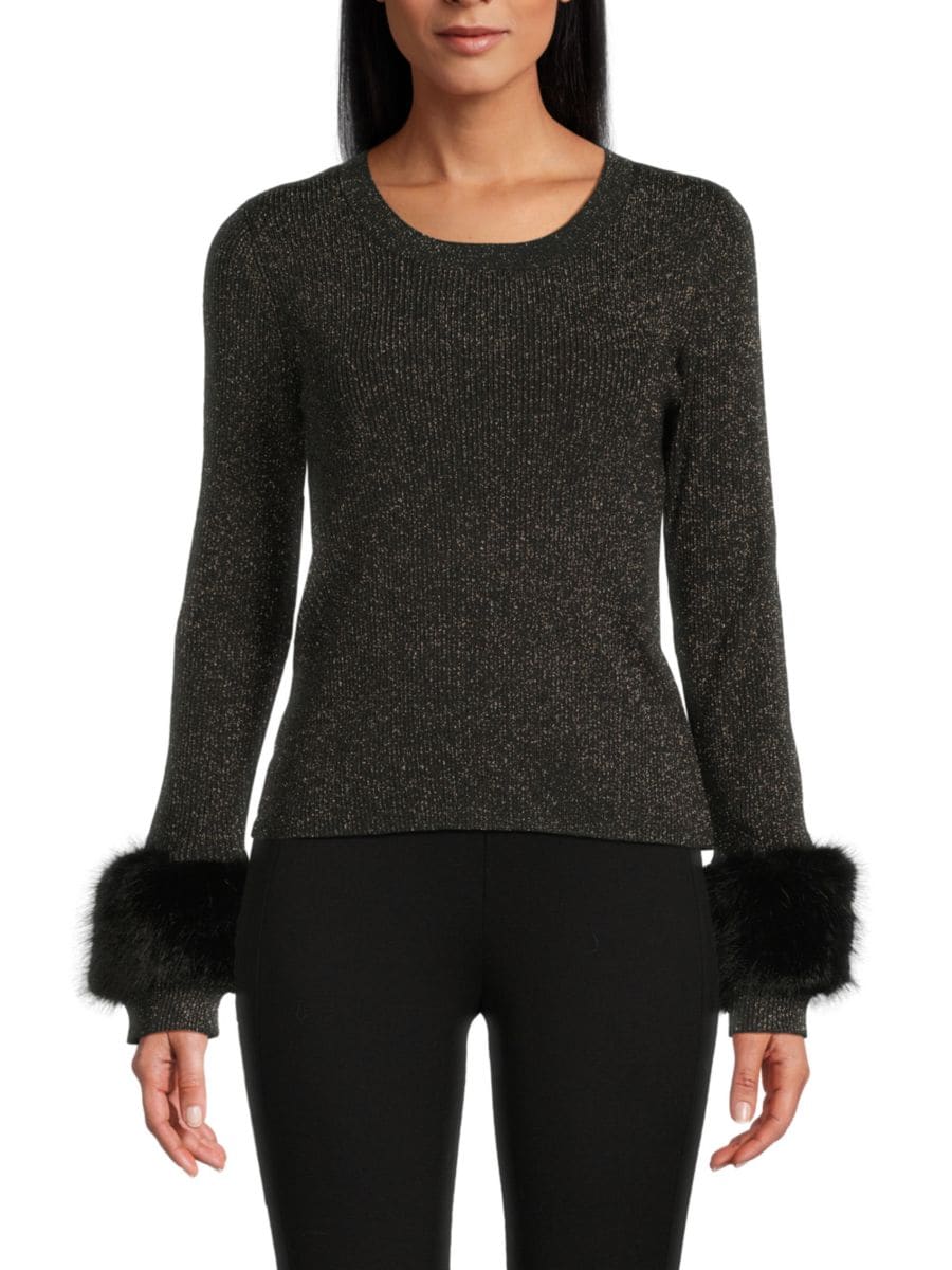 Блестящий трикотажный топ с манжетами из искусственного меха Saks Fifth Avenue, черный
Блестящий трикотажный топ с манжетами из искусственного меха Saks Fifth Avenue, черный