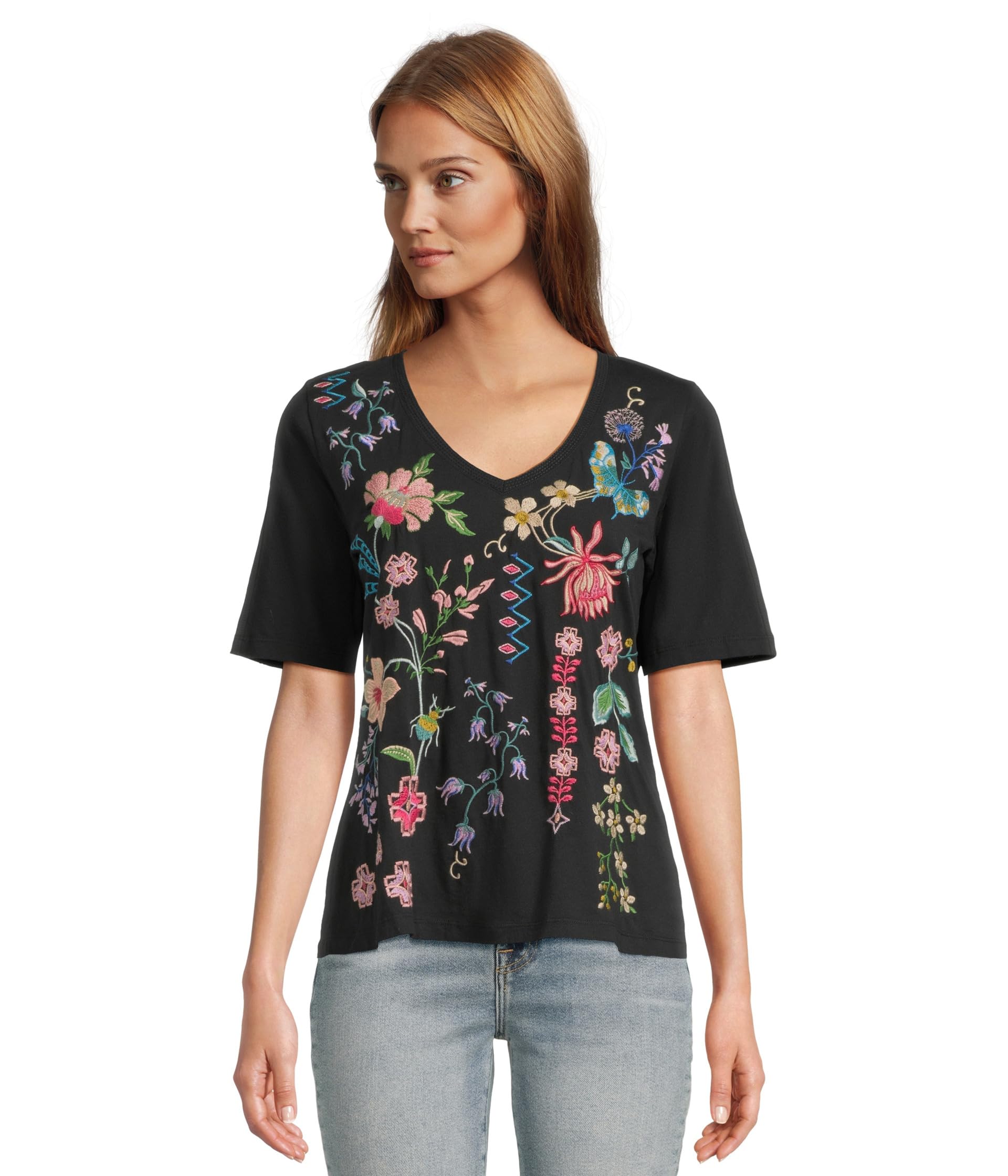 Футболка Johnny Was 3/4 Sleeve Trapunto V-Neck Tee, черный 
Футболка Johnny Was 3/4 Sleeve Trapunto V-Neck Tee, черный