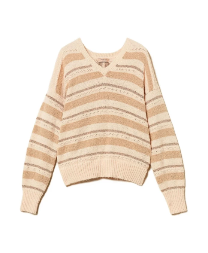 Полосатый свитер с V-образным вырезом Twinset, бежевый
Полосатый свитер с V-образным вырезом Twinset, бежевый