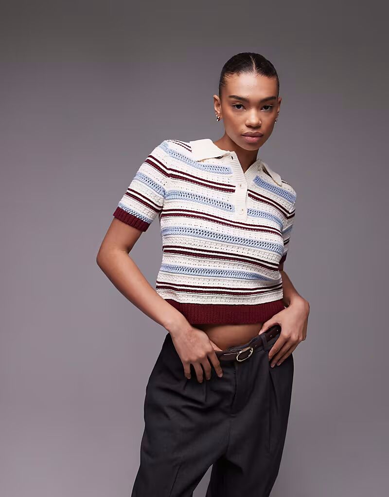 Вязаный крючком топ-поло Topshop в полоску бордового, синего и экрю цвета 
Вязаный крючком топ-поло Topshop в полоску бордового, синего и экрю цвета