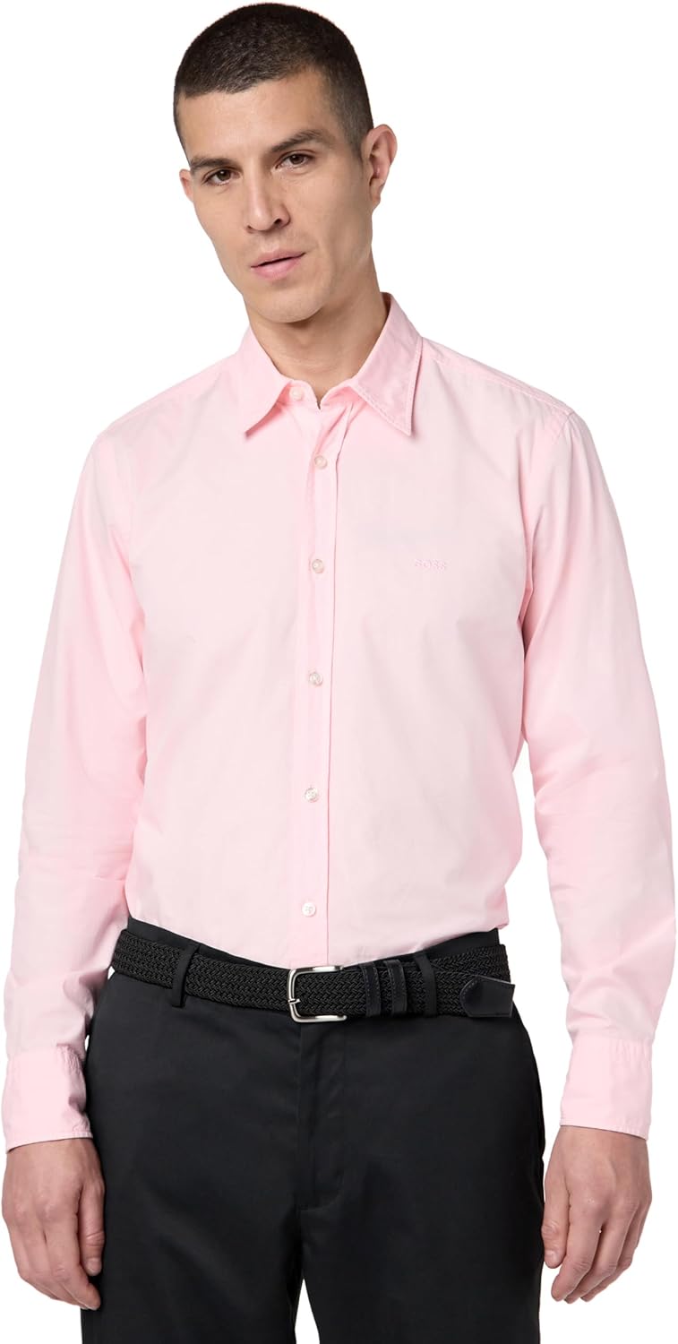 BOSS мужская однотонная хлопковая рубашка с пуговицами, окрашенная в изделии, Pastal Pink
BOSS мужская однотонная хлопковая рубашка с пуговицами, окрашенная в изделии, Pastal Pink