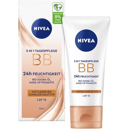 Дневной уход 5 в 1 Bb 24H Moisture Spf 15 Тональный крем для средней и темной кожи с органическим маслом жожоба и косметическими пигментами, Nivea 
Дневной уход 5 в 1 Bb 24H Moisture Spf 15 Тональный крем для средней и темной кожи с органическим маслом жожоба и косметическими пигментами, Nivea