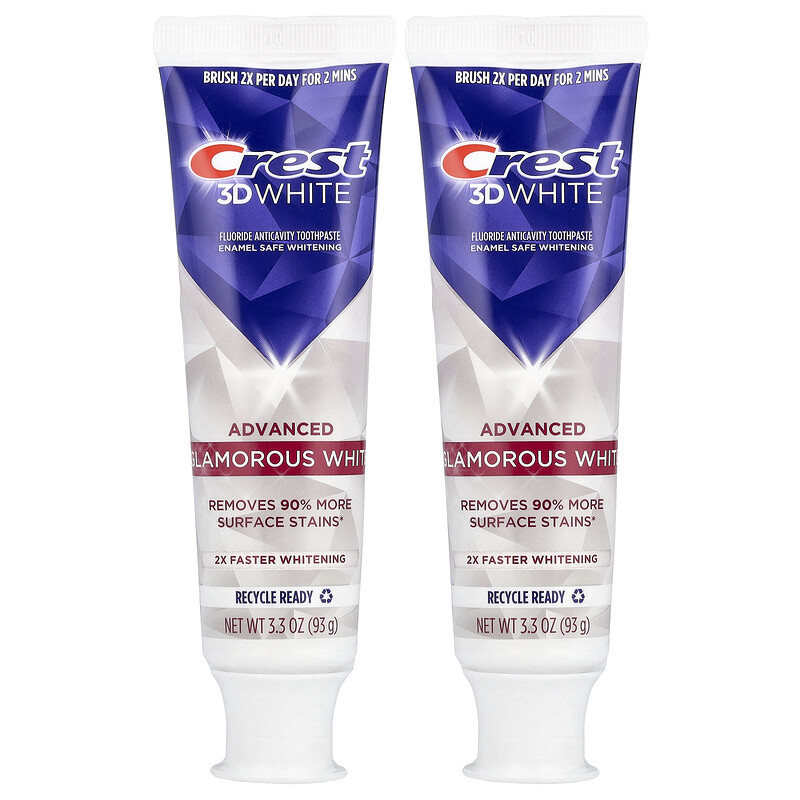 Crest, 3D White, фторсодержащая зубная паста от кариеса, улучшенная, с эффектом гламурного белого цвета, 2 тюбика по 93 г (3,3 унции) 
Crest, 3D White, фторсодержащая зубная паста от кариеса, улучшенная, с эффектом гламурного белого цвета, 2 тюбика по 93 г (3,3 унции)