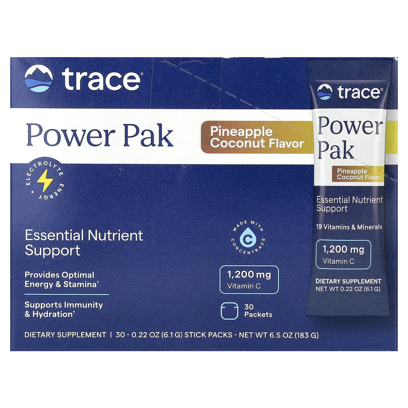 Trace, PowerPak, электролит для повышения выносливости, ананас и кокос, 30 пакетиков, по 6,1 г (0,22 унции)
Trace, PowerPak, электролит для повышения выносливости, ананас и кокос, 30 пакетиков, по 6,1 г (0,22 унции)