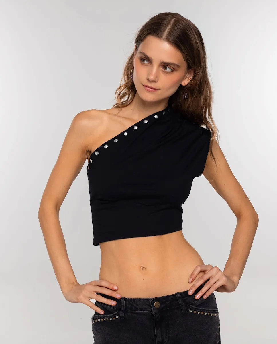Асимметричный женский топ с декоративными заклепками The-Are, черный
Асимметричный женский топ с декоративными заклепками The-Are, черный