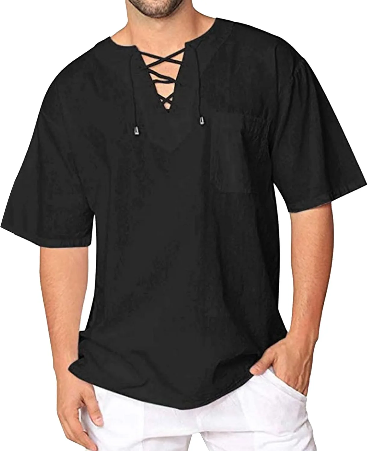 Мужская футболка V-образного выреза с завязками из льна SWJGLITTR
Мужская футболка V-образного выреза с завязками из льна SWJGLITTR