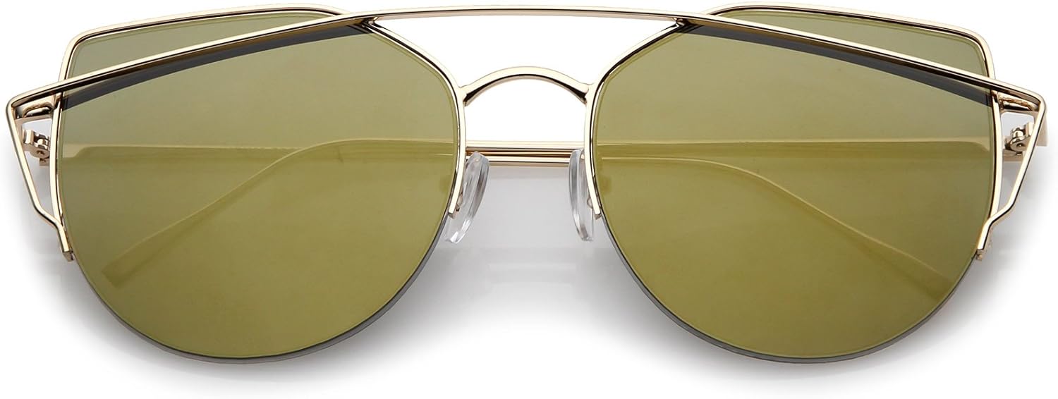 zeroUV - Женские полуободковые солнцезащитные очки с металлической перемычкой над переносицей, круглыми зеркальными плоскими линзами и оправой «кошачий глаз», Gold / Gold Mirror
zeroUV - Женские полуободковые солнцезащитные очки с металлической перемычкой над переносицей, круглыми зеркальными плоскими линзами и оправой «кошачий глаз», Gold / Gold Mirror