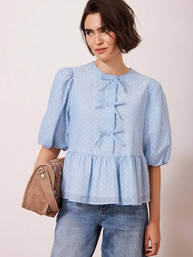 Топ с пышными рукавами и галстуком в полоску в виде сердца спереди Mint Velvet, синий 
Топ с пышными рукавами и галстуком в полоску в виде сердца спереди Mint Velvet, синий