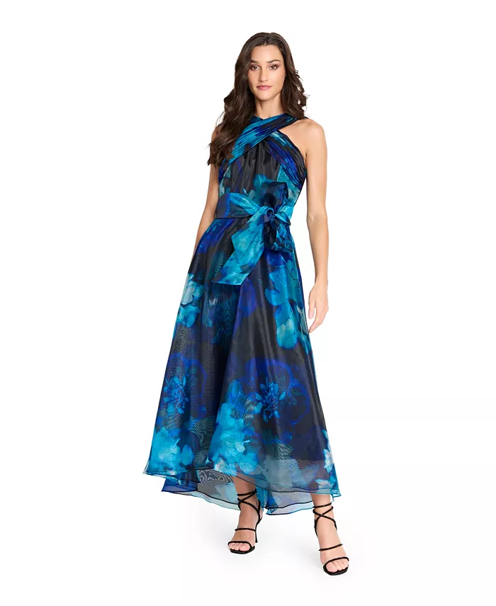 Женское платье миди из органзы с принтом и крестообразным вырезом Tahari ASL, синий 
Женское платье миди из органзы с принтом и крестообразным вырезом Tahari ASL, синий