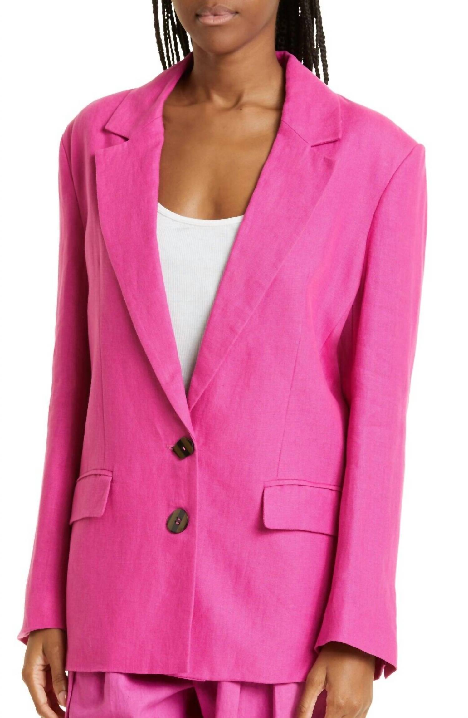 Льняной удлиненный однобортный блейзер на пуговицах розового цвета FARM Rio
Льняной удлиненный однобортный блейзер на пуговицах розового цвета FARM Rio