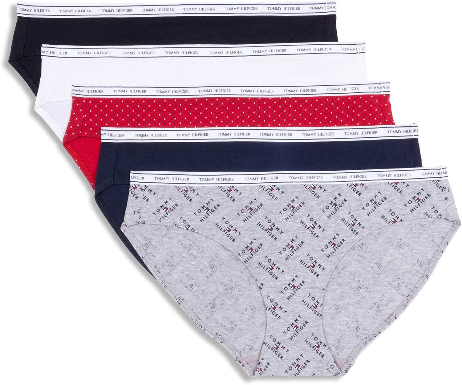 Женское классическое хлопковое бикини-белье Tommy Hilfiger с логотипом на поясе, упаковка 5 пар, Th Flag Stack Heather Grey/Navy Blazer/Super Mini Dots Apple Red/Bright White/Black
Женское классическое хлопковое бикини-белье Tommy Hilfiger с логотипом на поясе, упаковка 5 пар, Th Flag Stack Heather Grey/Navy Blazer/Super Mini Dots Apple Red/Bright White/Black