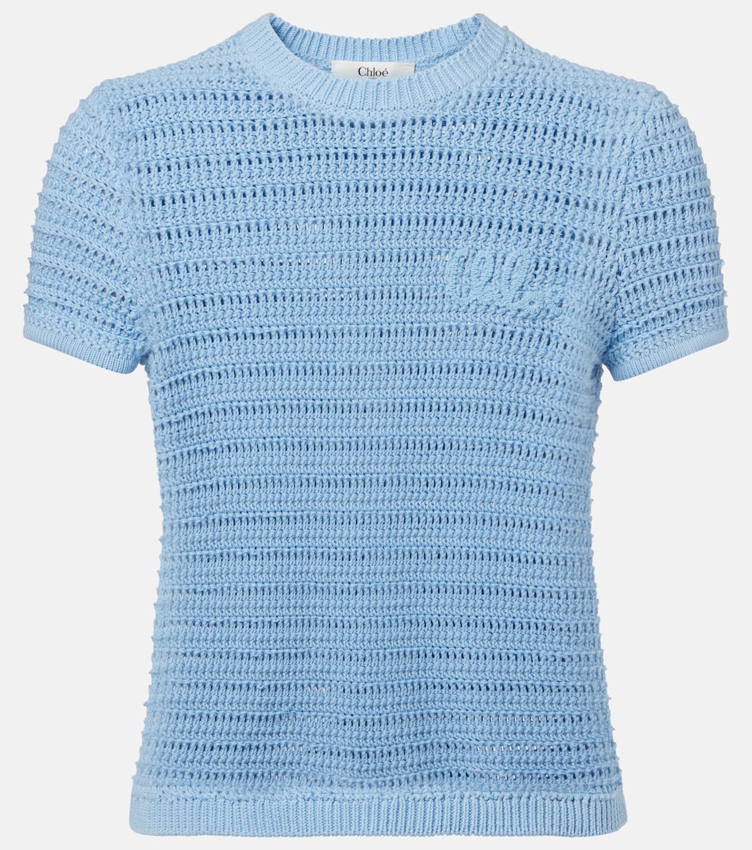 Вышитая хлопковая футболка в стиле кружева Chloé, Softy Blue
Вышитая хлопковая футболка в стиле кружева Chloé, Softy Blue