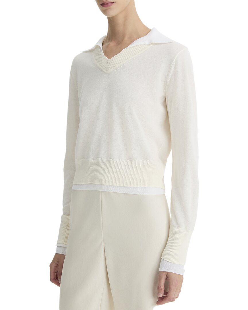 Винс Файн Двухслойный Воротниковый Пуловер Vince, белый 
Винс Файн Двухслойный Воротниковый Пуловер Vince, белый